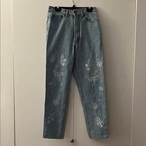 Vintage Embroidered Blue Jeans with Floral Design